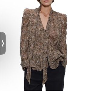ZARA Leopard Print Long Sleeve Button Front Tie Neck Blouse Tan Black M